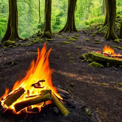 Prompt: An outcrop in a forest and a blazing fire in the middle of a stone circle overgrown with vines and roots.