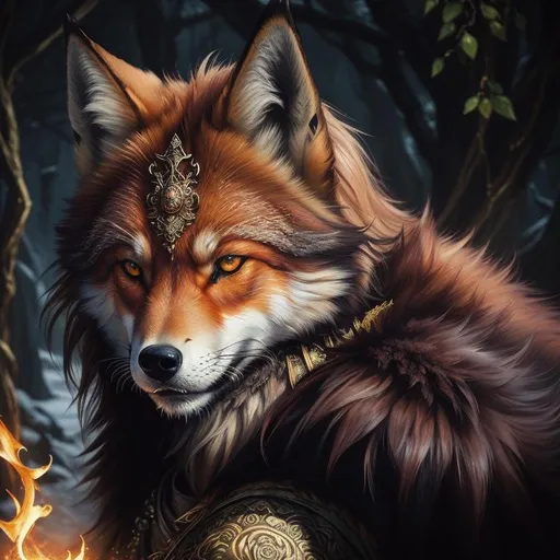 Prompt: masterpiece, epic oil painting, fantasy art, insanely beautiful portrait of a barbarian rugged fox-wolf hybrid, quadrupedal canine, UHD, HDR , 8k eyes, detailed face, big anime intense eyes, Game of Thrones, wearing wreath of golden leaves, thick rose-gold fur, intricate details, insanely detailed, masterpiece, cinematic lighting, hyper realistic, hyper realistic fur, 8k, complementary colors, insanely beautiful and detailed mountain peak castle, golden ratio, high octane render, volumetric lighting, glaring, growling, wise, depth, highly detailed intense shading, unreal 5, concept art, artstation, top model, sunlight on hair, sparkling gold jewels on crest, intricate hyper detailed breathtaking colorful glamorous scenic view landscape, ultra-fine details, hyper-focused, deep colors, intense colors, dramatic lighting, ambient lighting, by sakimi chan, artgerm, wlop, pixiv, tumblr, instagram, deviantart