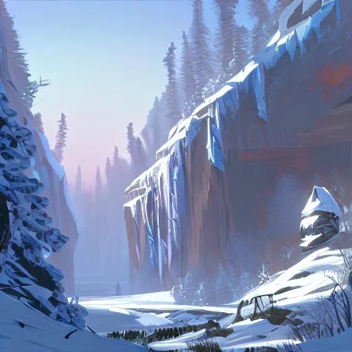 Prompt: emerald mountain gorge on a winter's morning. Saami graphic art