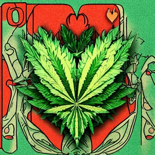 Prompt: marijuana leaf on a queen of hearts card, art, design, soft green, logo
