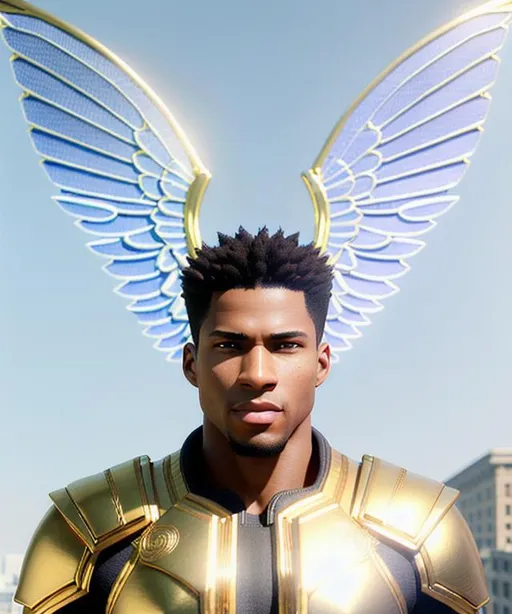 Prompt: detailed eyes, realistic drawings, very realistic eyes, real depth, perfect lighting, all geometrically correct, proportionate face,,technological eyes, light brown skin, tall, egyptian, afro, strong athletic body, energetic plasma wings, vigorous, sword, high detail, fatherly, light armor designs, detailed face, concept art, character art, golden belt, landscape egyptian,