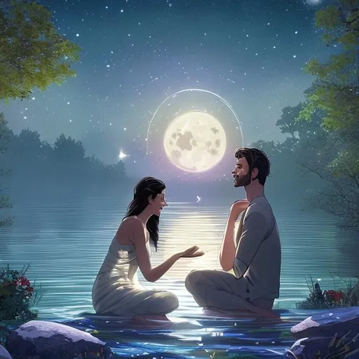 Prompt: Under the moonlit sky at the serene shores of Lake Kalika, Adam and Dena's paths cross for the first time. The gentle rustle of leaves accompanies the soft laughter they share, while a shimmering reflection of stars dances on the water's surface. As they exchange stories and dreams, an inexplicable connection forms between them, as if destiny had orchestrated this fateful encounter. The night seems to stretch longer as they immerse themselves in each other's presence, their souls intertwined with the magic of the lake and the promise of a shared future.