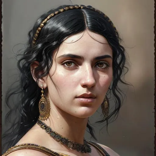 Prompt:  Portrait of a beautiful  Roman woman with Black hair and olive skin with a beautiful face. Dark eyes.  perfect composition, hyperrealistic, super detailed, 8k, high quality, trending art, trending on artstation, sharp focus, studio photo, intricate details, highly detailed, by greg rutkowski