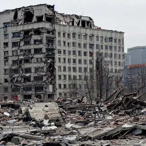 Prompt: destroyed buildings after Apocalypse in Moscow