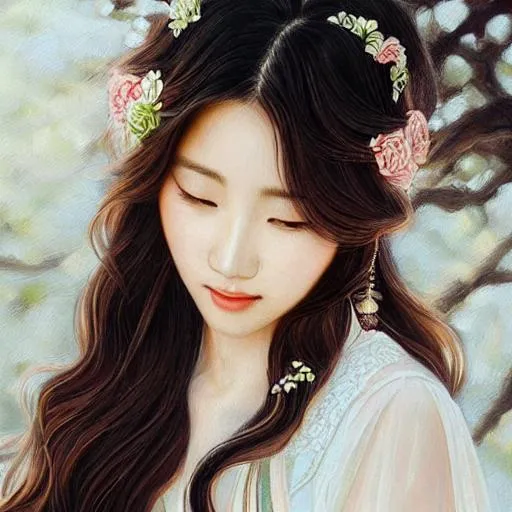 Prompt: realistic portrait, young korean woman, golden hair, wavy beautiful hair, incredibly detailed and intricate, art by ToshiaSan 