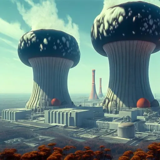 Prompt: Nuclear Power Plant with Giant Glwing Mushromms in Backround