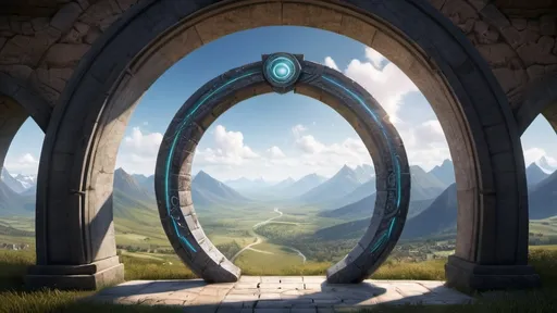 Prompt: circular portal, gateway between cities realms worlds kingdoms, ring standing on edge, freestanding ring, chevrons on ring, complete ring, panoramic view