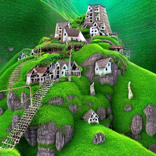 Prompt: Hyper realistic image of a mistical village of dwellings built on a cliff face, in between two mountains with lots of rope bridges and ladders to get between the dwellings. Lots of Green vegetation  surreal salvidor Dali impressionism, intricate, high detail, behance, microworlds smooth, macro sharp focus, centered