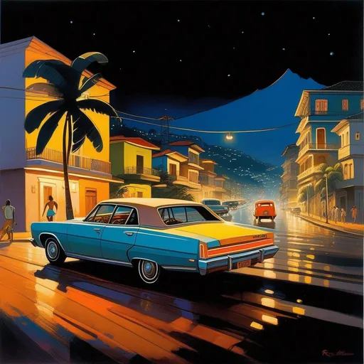 Prompt: 1970s, Rio de Janeiro at night, car chase, warm atmosphere, cartoony style, extremely detailed painting by Greg Rutkowski and by Henry Justice Ford and by Steve Henderson
