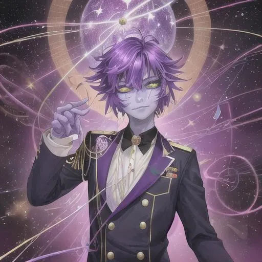 Prompt: A high quality alien man with purple skin and purple hair and yellow eyes, wears a uniform, surrounded by stars, a golden string dances around him, science fiction, beautiful, colorful, handsome, photorealistic face