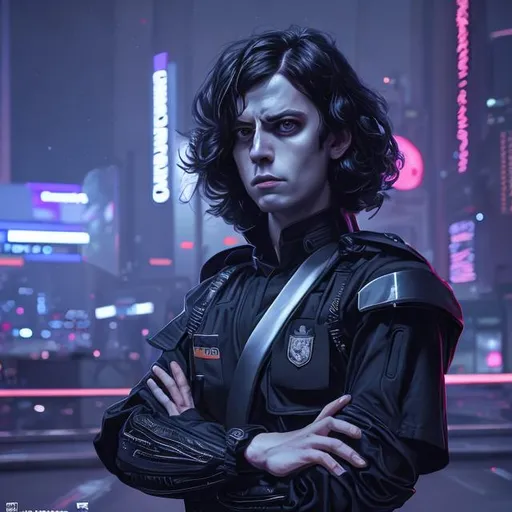 Prompt: late-twenties french guy, dark hair, black uniform, watchful expression, futuristic, portrait, synthwave, realistic details, photorealistic, 8K render, cinematic lighting,  ultra detailed
