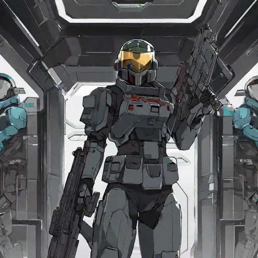 Prompt: whole body, full figure. A zeon soldier from Gundam 0079. He wields a rifle. black armor. dark grey details. Helmet on head. In background a space station. Tominon art. Anime art. 2d art. 2d.