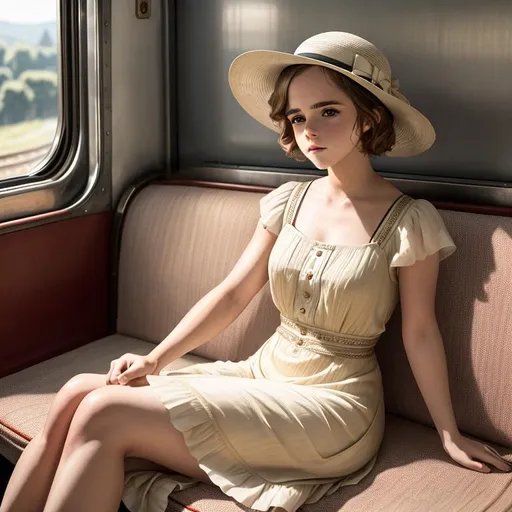 Prompt: old time photo of young emma Watson, dressed with 1920s very short hair, wearing a summer hat, long, flowing, spring dress, sitting on train, raw photo, photorealistic, High Detail, dramatic, UHD, HDR raw photo, realistic, sharp focus, 8K high definition, insanely detailed, intricate, high quality, 