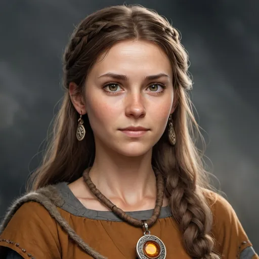 Prompt: The viking girl's mother has brown hair tinged with grey. She is wearing a long brown tunic with short sleaves. She has an amber amulet round her neck. 