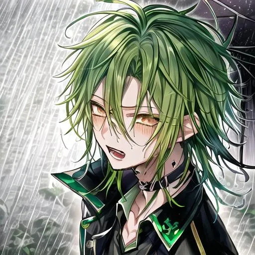 Prompt: Ukyo from amnesia, 1boy, male, adult, green hair, highly detailed, messy_hair, punk_style, 
squirrel screaming, rainy, crying 