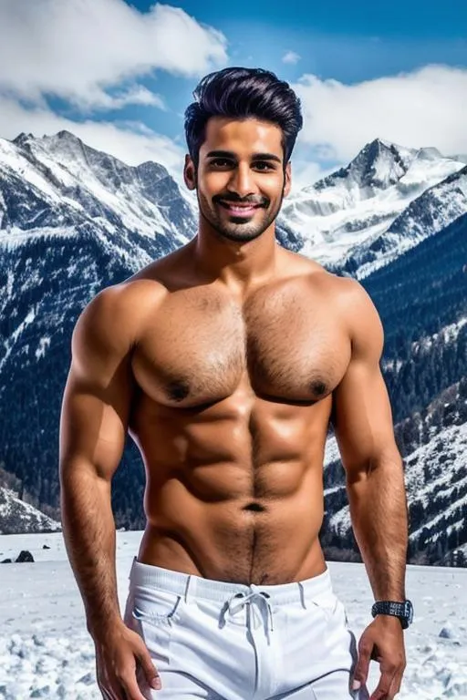 Prompt: portrait of "handsome delhi rugged army hunk", "tight open kameez", "hyperreal detailed face", with smile,  on white snow mountain,dhoti, "feet", arena, perfect composition, hyperrealistic, super detailed, 8k, high quality, trending art, trending on artstation, sharp focus, studio photo, intricate details, highly detailed