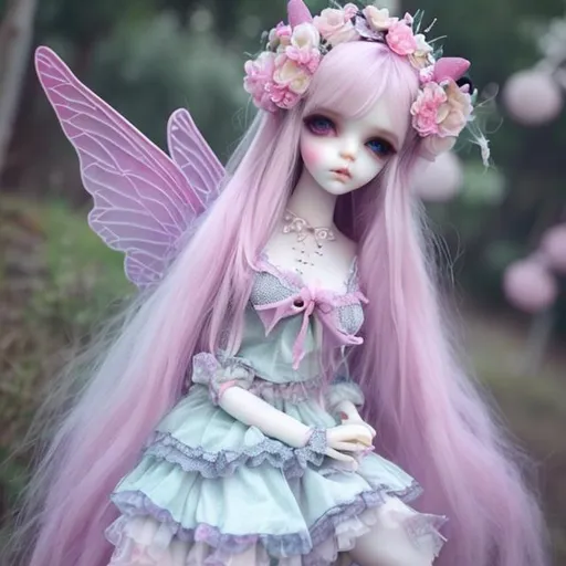 Prompt: doll, full body,  Fantasy, BJD, Fairy Kei, decora style with pastels, doll-like dresses, fantasy themes.