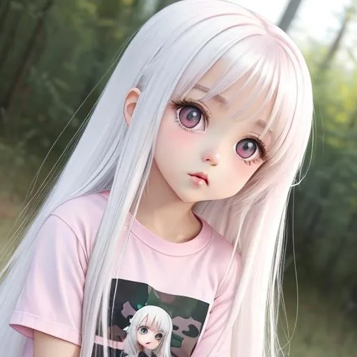 Prompt: Highly detailed anime art of a young russian girl cute, long straight white hair,  big eyes looking up towards the camera, age=4, camo t-shirt, pink panties, adorable, cute sleepy, yawn