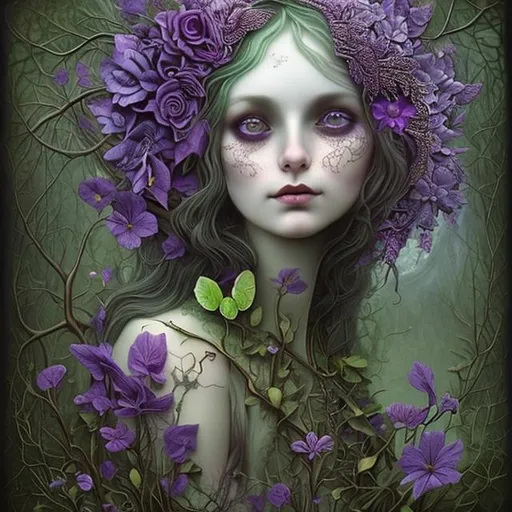 Prompt: "spring forest witch, green leaves, purple violets, detailed, intricate, surreal, christian schloe art"