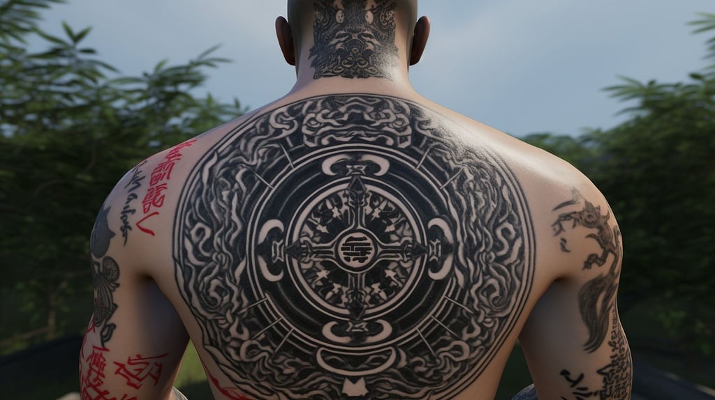 Prompt: shader whirpoool with embossed chinese tattoos