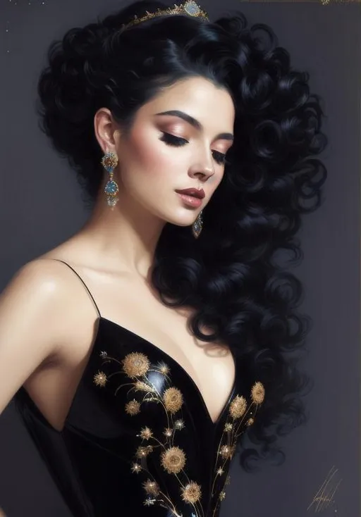 Prompt: Fancy black opalescent gown, opalescent, dramatic glitter makeup, long curly hair, red hair, an intergalactic stunning queen by artgerm and Edouard Bisson, highly detailed oil painting, portrait of a beautiful woman, art by Stanley Artgerm, Charlie Bowater, Atey Ghailan and Mike Mignola, intricate details, cinematic postprocessing , long hair, dark fantasty art, digital painting, intricate, detailed, Beksiński, Kehoe, glowing eyes, feathers, intricate, elegant, highly detailed, digital painting, hyperrealism, smooth, sharp focus, illustration, Donato Giancola, Craig Mullins,