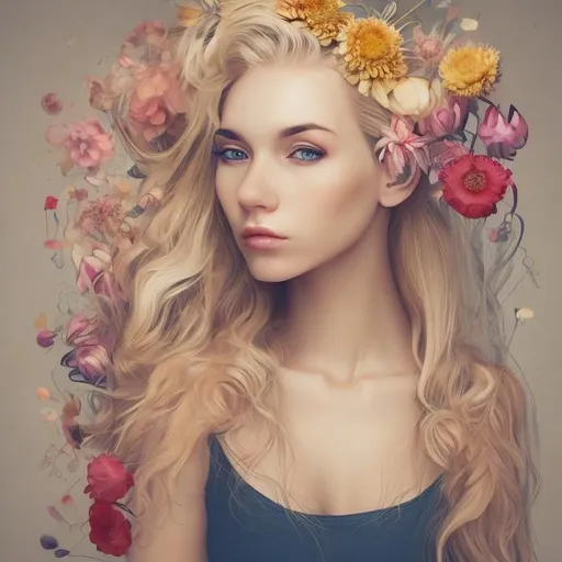 Prompt: A woman with blonde hair, she has lots of flowers in her hair