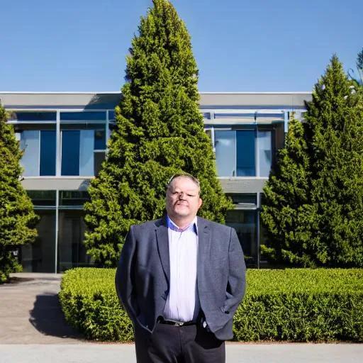 Prompt: A middle-aged man standing in an office building