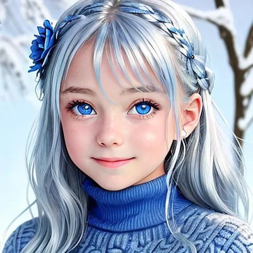 Prompt: cute young girl with dimples, aged ten years, covered in frost, bashful hypnotic sapphire blue eyes, calm bashful smile, gorgeous silver hair, blue flower in her hair, wearing a blue turtle neck sweater