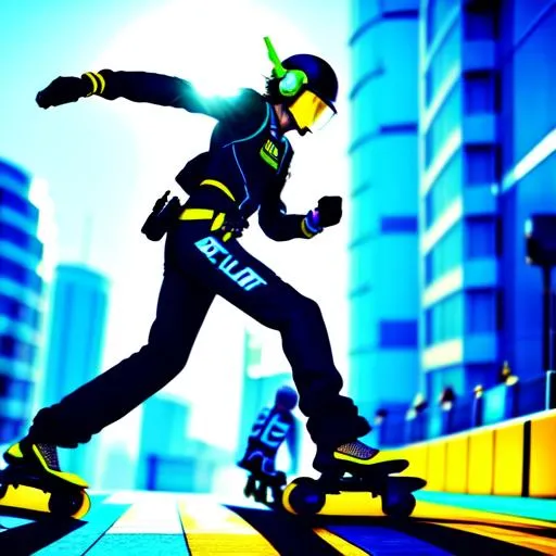 Prompt: semi-realistic jet set radio future male roller blading away from police with in tokyo-to,sunny day, sweat,wide view angle,character all in frame,full view,Body customization,
blushing, movie scene, adult researcher,perfect eyes,perfect nose,
wonderful face, very detailed face, extremely detailed face, highly detailed face,trending on instagram, trending on tiktok, trending on artstation, trending on cgsociety, white sclera,
photorealistic, masterpiece, cinematic, 16k artistic photography, epic, drama,
cinematic lighting, dramatic lighting, insanely detailed, soft natural volumetric cinematic lighting, award-winning photography, rendering, hd, high definition, 
highly detailed