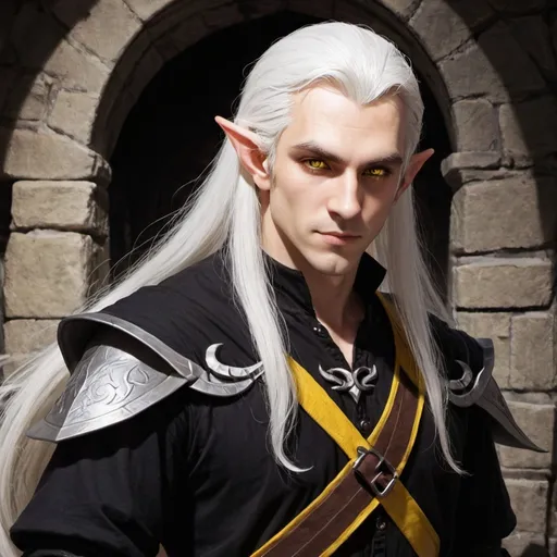 Prompt: dungeons and dragons, elf, male, pale, long hair, white hair, stubble, yellow eyes, black shirt
