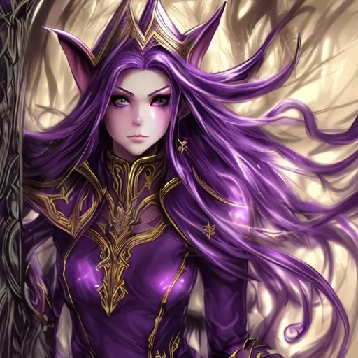 Prompt: purple, gold, magic, wizard, elf, female, anime 