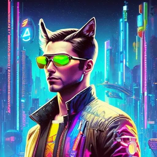 Prompt: portrait of handsome looking nerd fox wearing futuristic glasses, Art of the music cover album, Vibrant, Colorful, In the style of cyberpunk 2077, Extremely Detailed
