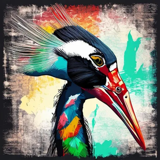 Prompt: african crane head portratit on white background illustration painting colourful 
 grunge style generative 