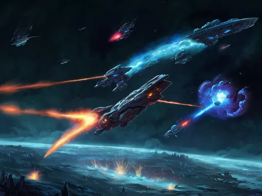 Prompt:  explosions  action wreck spaceship ancient dead infestation ray guns art cartoon many colours light Arora battle fire impact hull breach disaster ice planet nebula