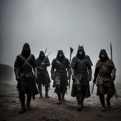 Prompt: Mystical photo of masked demons in rugged gear, engaged in fighting, highlighting the evil presence and teamwork in medieval settings, capturing the essence of hell and heaven, art by acclaimed portrait photographer, enchanting, foggy ambiance, mysterious lighting, dark tones, gothic aesthetic, hauntingly beautiful, trending on art platforms, art by dark fantasy artist.
