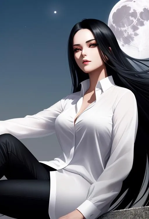 Prompt:  A portrait of a gorgeous  Evil and  grim-looking  woman  ,black hair ,  lustful  eyes, wearing  leathe pants  and white shirt  ,  sitting on a high hill  ,  dark night, big moon    background . The wind is blowing her hair and clothes, creating a sense of movement and drama, Pretty girl, perfect anatomy, centered, highly detailed, character sheet, artstation, concept art, smooth, sharp focus, illustration,intricate, elegant, 8K,  unreal engine ,cinematic, colorful background, concept
art, dramatic lighting, high detail, highly detailed, hyper realistic, intricate, intricate sharp details,octane render, smooth, studio lighting, trending on artstation