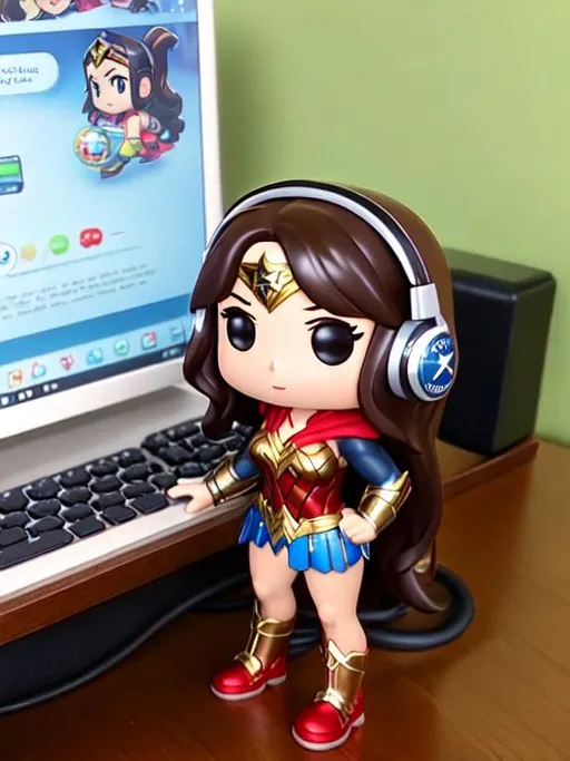 Prompt: wonder woman, cute funko pop female figure, below shoulder length wavy dark brown hair, brown eyes, holding a keyboard, wearing a headset, wearing a full black hoodie