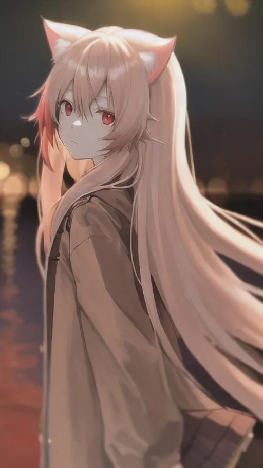 cream hair colour, long hair,red eyes, girls anime