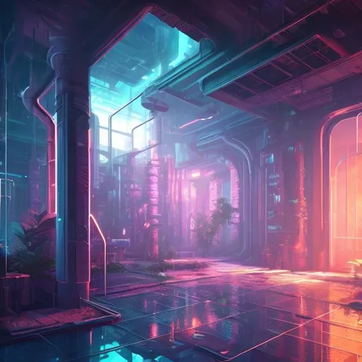 Prompt: futuristic, night, small industrial empty interior, chillwave, tropical island, ultra detailed, cinematic lighting, photorealistic, realistic details, wide view