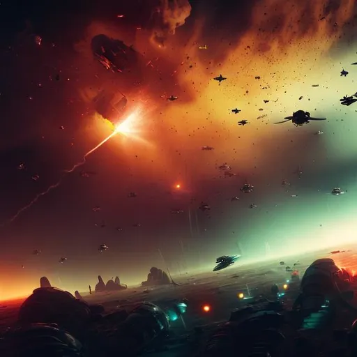 Prompt: small spacecraft invasion, war with other spacecraft and aliens, scrambling, a lot of fighting, lasers, dust, smoke, fire, dark red and yellow foggy and abstract, explosions, destruction