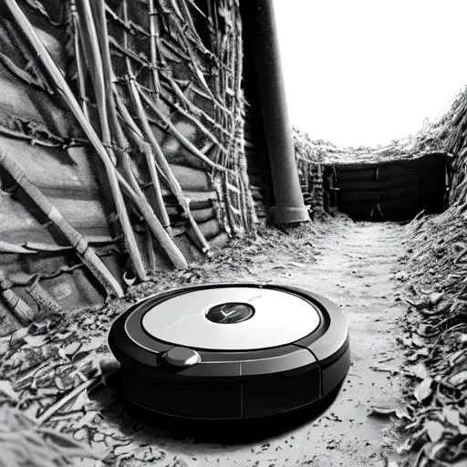 Prompt: A Roomba in a World War 1 trench in black and white