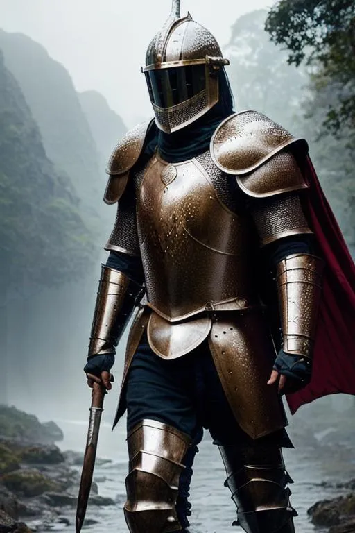 Prompt: Knight with a glass helmet, wearing fantastic armor made of a dragon, walking thought a valley of giants in the rain. Ultrarealistic, 8k, portrait, highly detailed. 