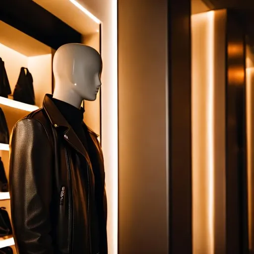 Prompt:  mannequin wearing a leather jacket standing at store front beige lights