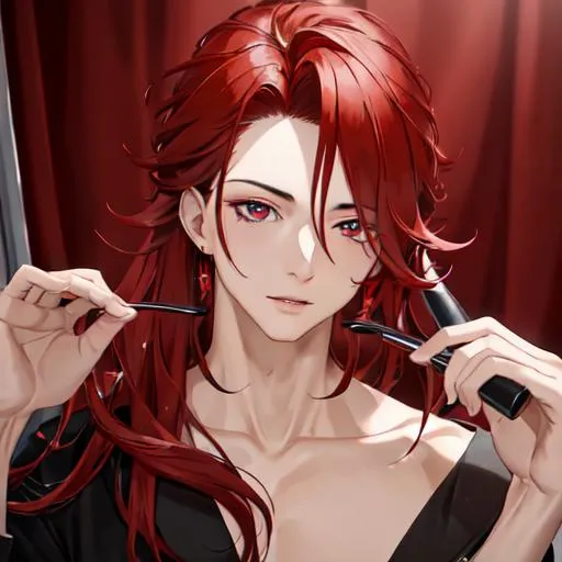 Prompt: Zerif 1male (Red side-swept hair covering his right eye) getting ready for his concert backstage, in the dressing room, UHD, 8K, highly detailed, symmetrical, up-close