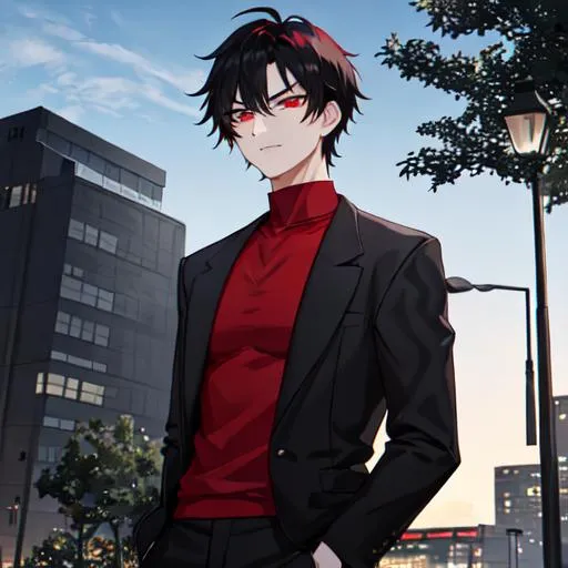 Prompt: Damien (male, short black hair, red eyes) in the park at night, casual outfit, dark out, nighttime, midnight, angry, stern look on his face