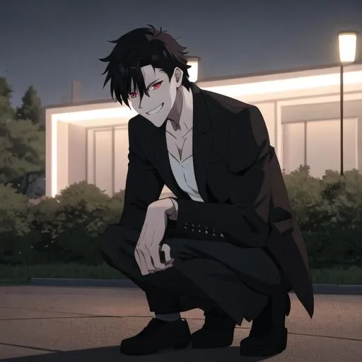 Prompt: Damien (male, short black hair, red eyes) in the park at night, grinning sadistically, casual outfit, dark out, nighttime, midnight, on his knees, screaming