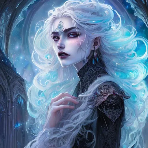 Prompt: Lady Opal, a young woman, white hair, (closed mouth), Night sky background, fantasy high magic concept art, hyperdetailed intricately detailed gothic art triadic colors, calligraphy, acrylic, watercolor art, professional photography, natural lighting, complex, elegant, expansive, fantastical, 8k resolution