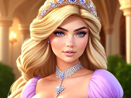 Prompt: a realistic feminine elegant princess Rapunzel, HD, mix of Kate Upton and Emily Ratajkowski, Diamond face, dress