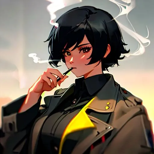 Prompt:  (female, short black hair) Smoking, thug, 8k, UHD, Highly detailed, detective