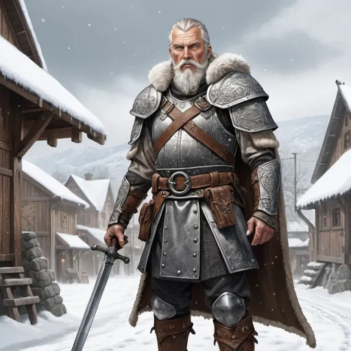 Prompt: Full body, Fantasy illustration of a male wiking warrior, elderly with grey hair and beard, leather armor with rivets, calm expression, high quality, 
rpg-fantasy, detailed armor, snow covered wiking town background
